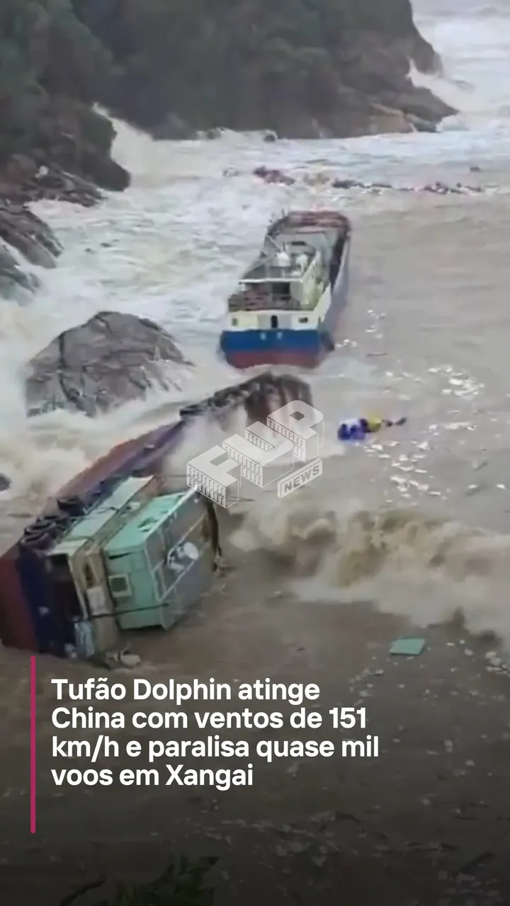 O tufão Dolphin atingiu a costa leste da China no domingo (9), com ventos de até 151 km/h em Zhejiang, tornando-se o mais forte a atingir o país em 2026. Xangai esteve entre as áreas mais afetadas, co